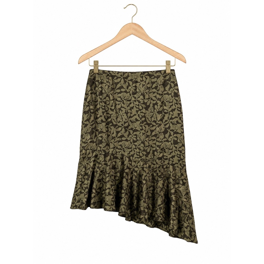 Womens Silk Leaf Print Asymmetrical Ruffle Midi Skirt XS Earthy Forest Fairy